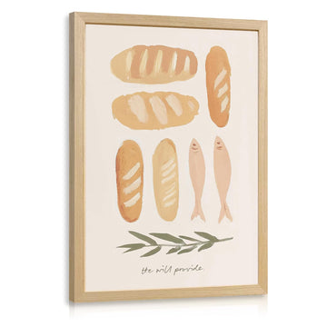 Wood Framed Christian Kitchen Wall Art, Biblical Bread and Fish Wall Decor, He Will Provide Scripture Poster Print
