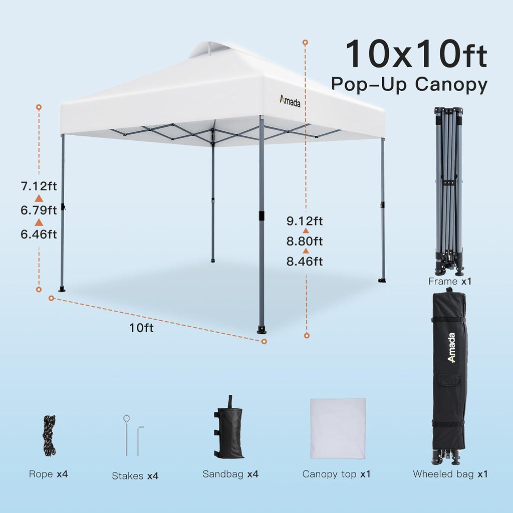 Amada 10x10 Pop Up Canopy Tent, 1-Button Push Easy-up Outdoor Canopy Beach Tent with 3-Height Adjustable Sun Shade