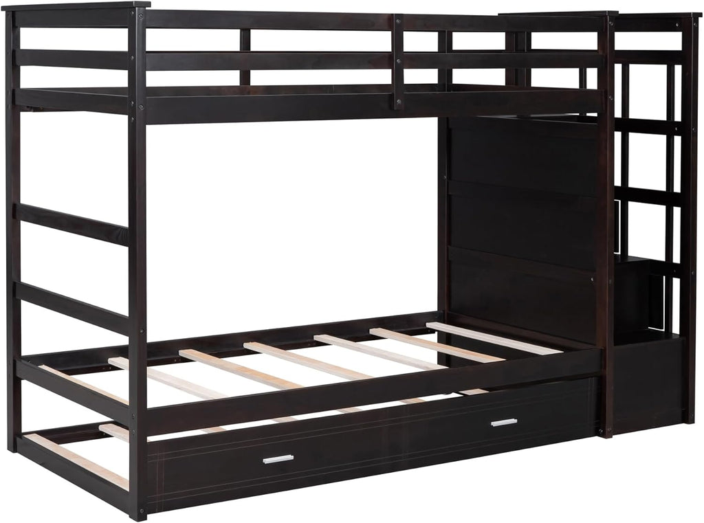 Twin Over Twin Bunk Bed with Stairs and Trundle, Wooden Bunk Bed Frame with Storage Staircase, Espresso