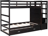 Twin Over Twin Bunk Bed with Stairs and Trundle, Wooden Bunk Bed Frame with Storage Staircase, Espresso