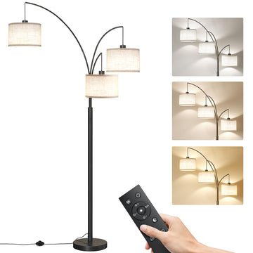 3 Lights Floor Lamp with Remote Control and 3 Stepless Dimmable Bulbs, 78" Tall Standing Lamp with Hanging Drum Shade
