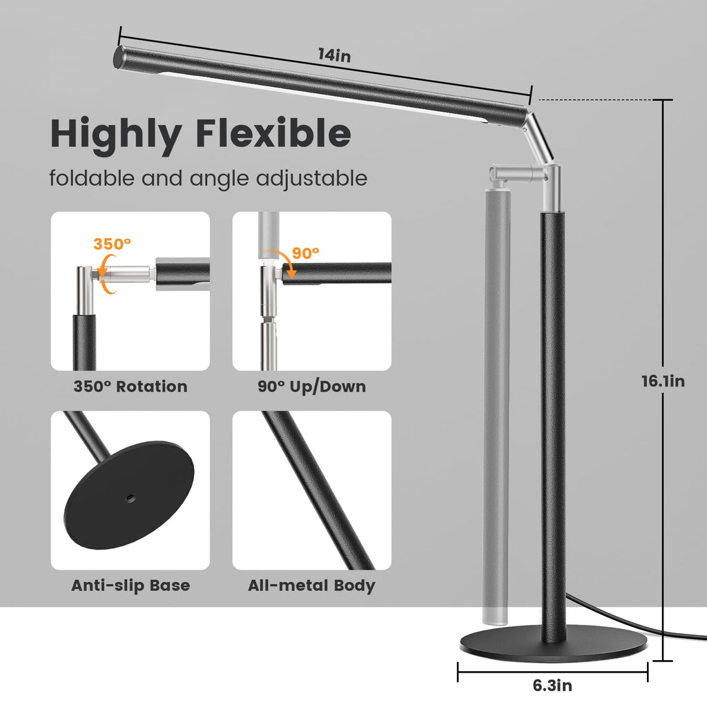 Metal LED Desk Lamp, 16" Dimmable Desk Light with Base, 15W 1200LM, Adapter Included, Color & Brightness Adjustable