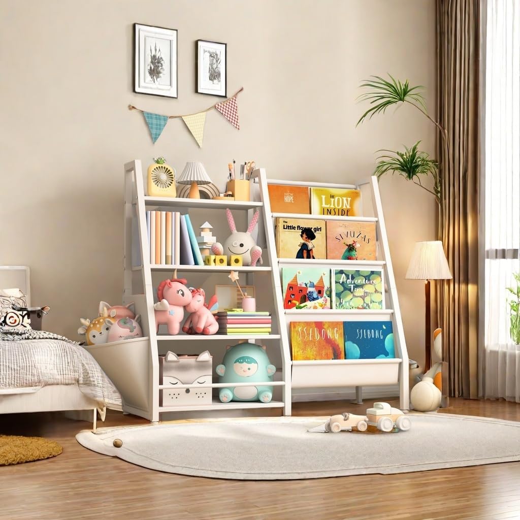 Kids Bookshelf with Extra Pocket, 4 Tier Toddler Bookshelf and Toy Storage Organizer for Kids, Bookcase Nursery Book