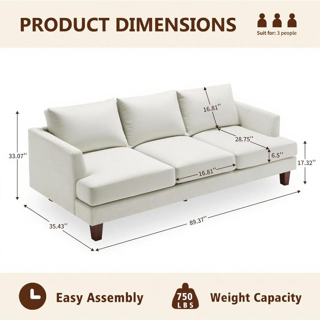 Mid Century Modern Couches for Living Room, 89" Comfy Couch Sofa with 3-Seater Deep Seats