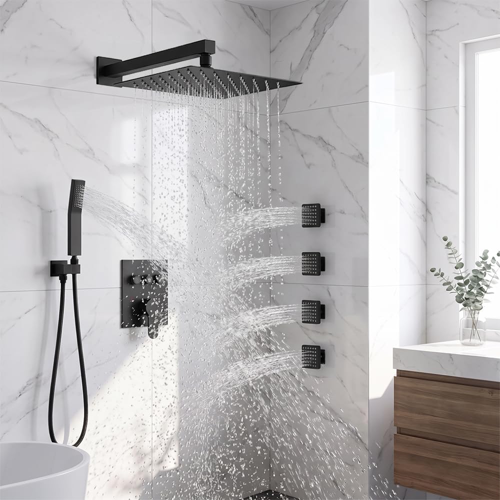Shower System with Body Jets, Shower Faucet Sets 12" Rain Shower Head with Handheld Spray, Can Use at Same Time, Push