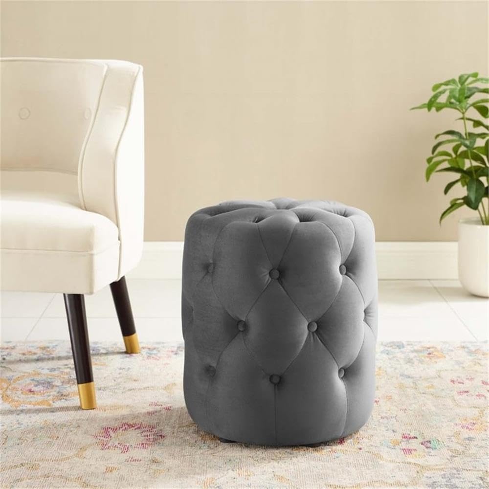 Anthem Tufted Button Round Performance Velvet Ottoman, Gray