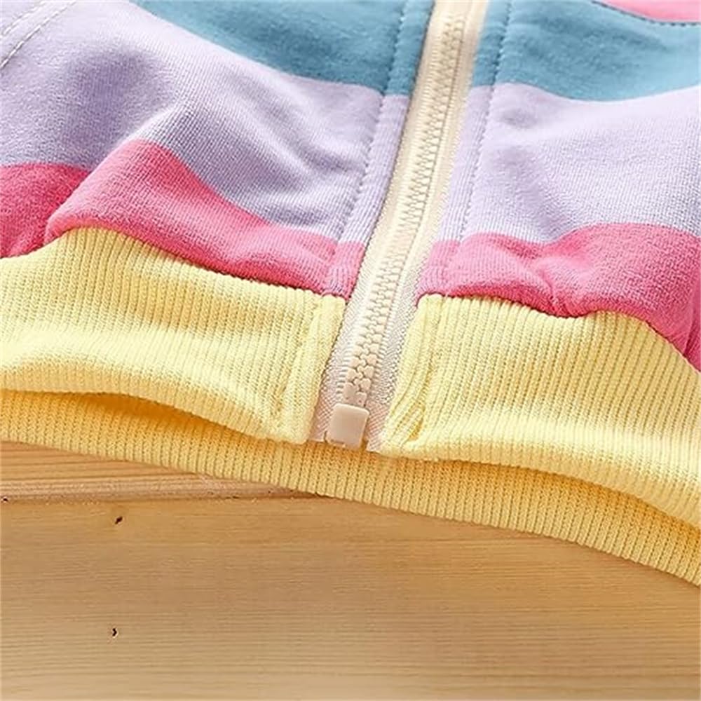Toddler Girl Zip up Hoodie Jacket Rainbow Sweatshirt Long Sleeve Cotton Striped Hooded Coat Fall Outfits Kids Winter