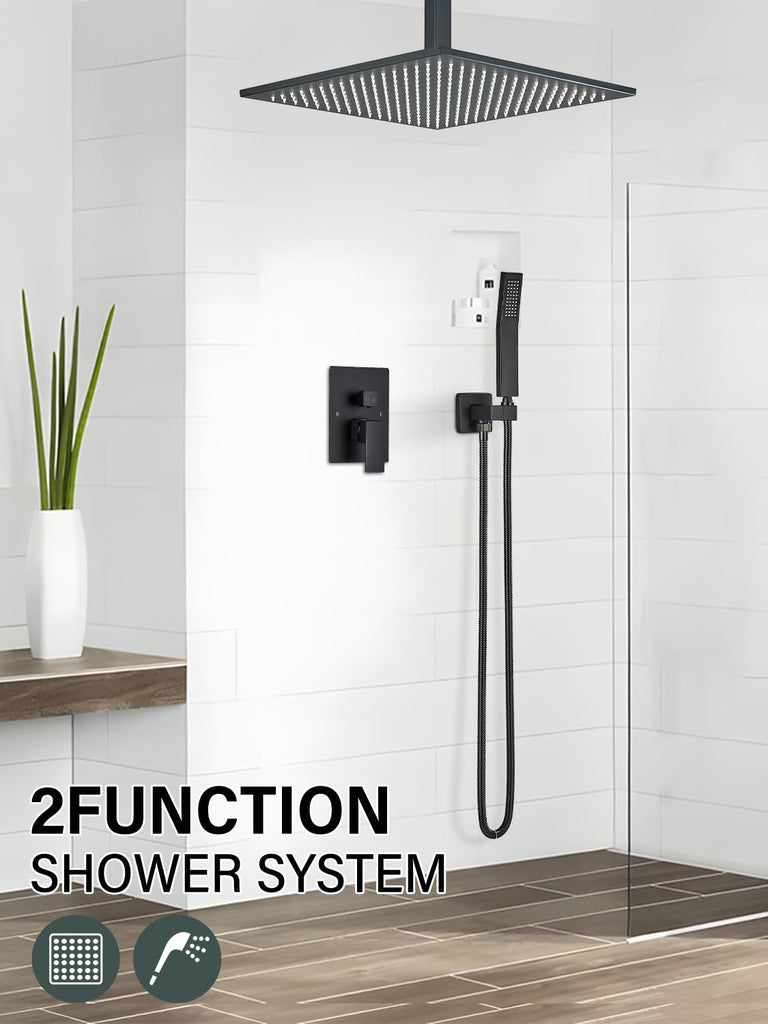 Matte Black Shower Faucets Sets Complete with 16" High Pressure LED Rainfall Shower Head and Handheld Spray Ceiling
