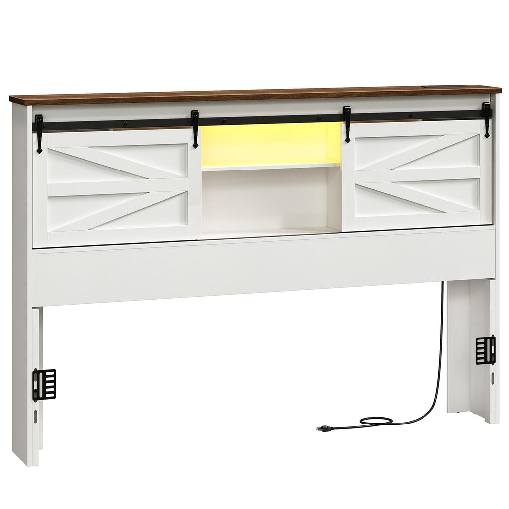 Queen Headboard with Storage Shelf, Farmhouse Queen Headboard Only with Charging Station & LED Lights, Bookcase