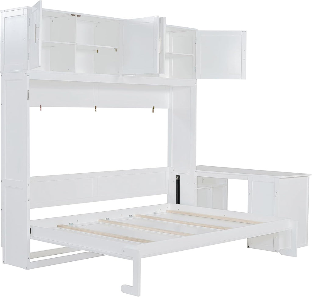 Queen Murphy Bed, Wooden Queen Wall Bed Frame with Desk and Storage Shelves and Big Cabinets, White