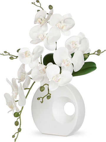 Artificial Orchid White Flowers in Modern Ceramic Vase 15.7" Tall Faux Orchid Arrangement Silk Orchid Flower Fake