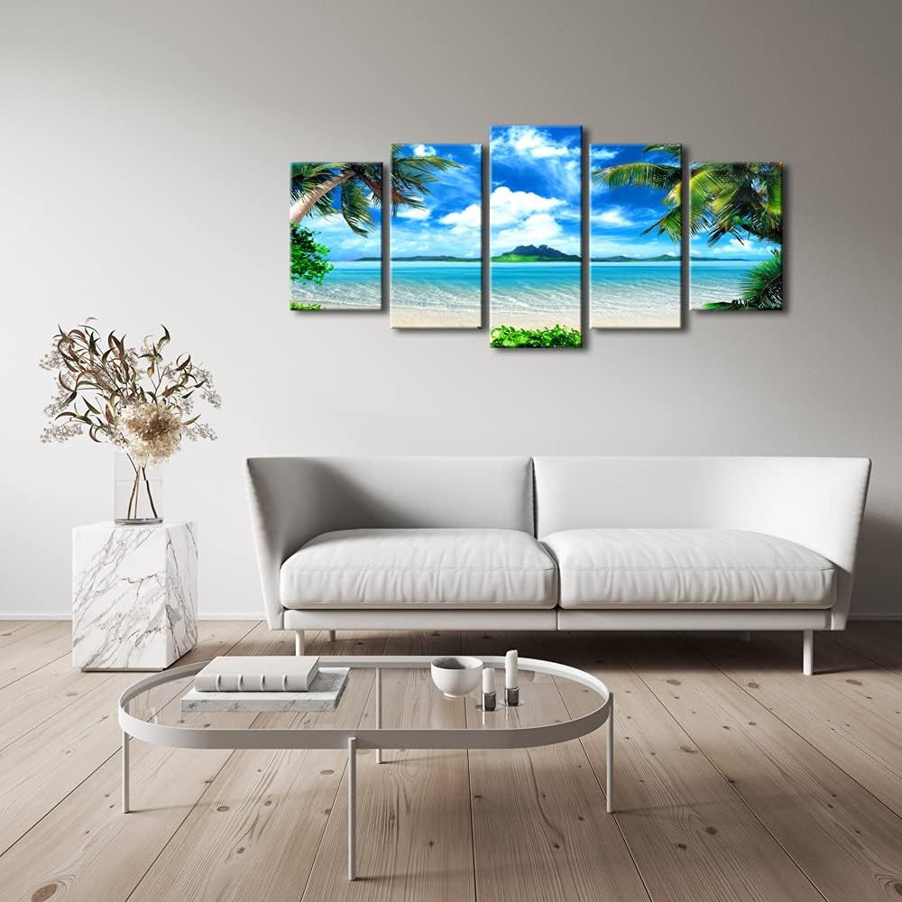 Modern 5 Panels Blue Sea Beach Pictures Paintings on Canvas Wall Art Stretched Contemporary Landscape Ocean Canvas