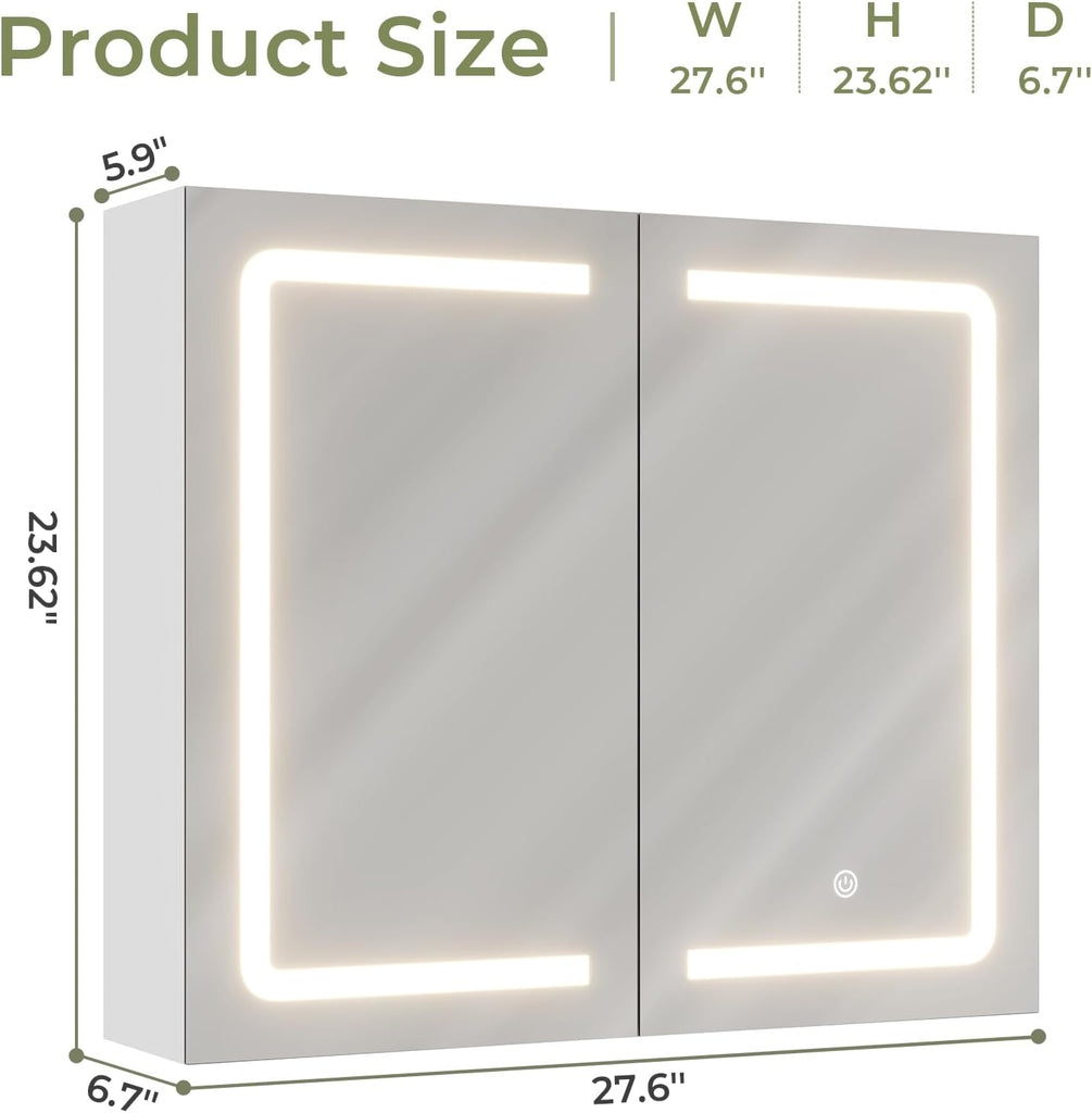 Bathroom Medicine Cabinet with Mirrors and Led Lights 27.6x23.62 inch Double Doors Wall Mounted Mirror Cabinet with