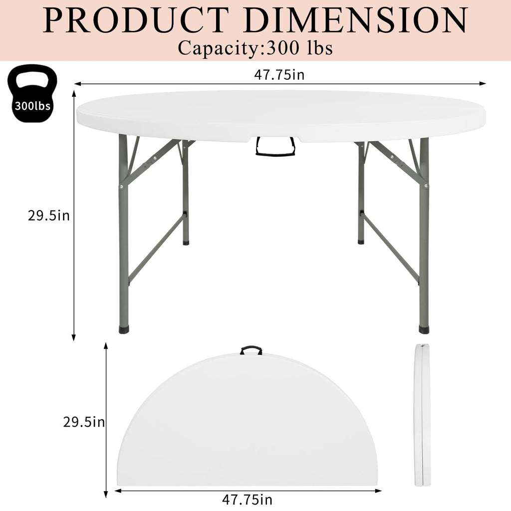 4 FT Round Folding Tables with Carrying Handle Lightweight Portable Plastic Commercial Table Steel Legs for Party
