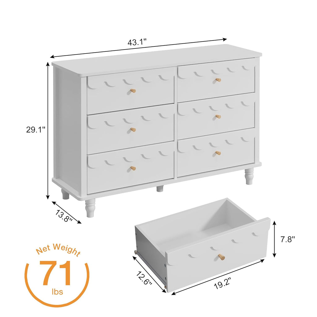 Nursery Chests and Dresser for Kids Bedroom Wood Scalloped 6 Drawer Dresser, Dressers & Chests of Drawers with Metal