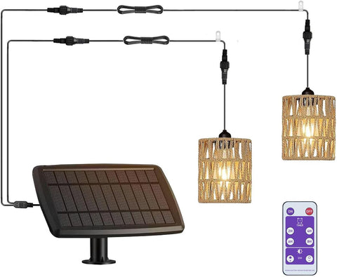 Outdoor Solar Chandelier Indoor Gazebo Lights Waterproof Pendant Hanging Light for Pergola Porch Patio Decor Boho Rattan Lampshade Farmhouse Shed USB Powered Accessories Dimmable Remote