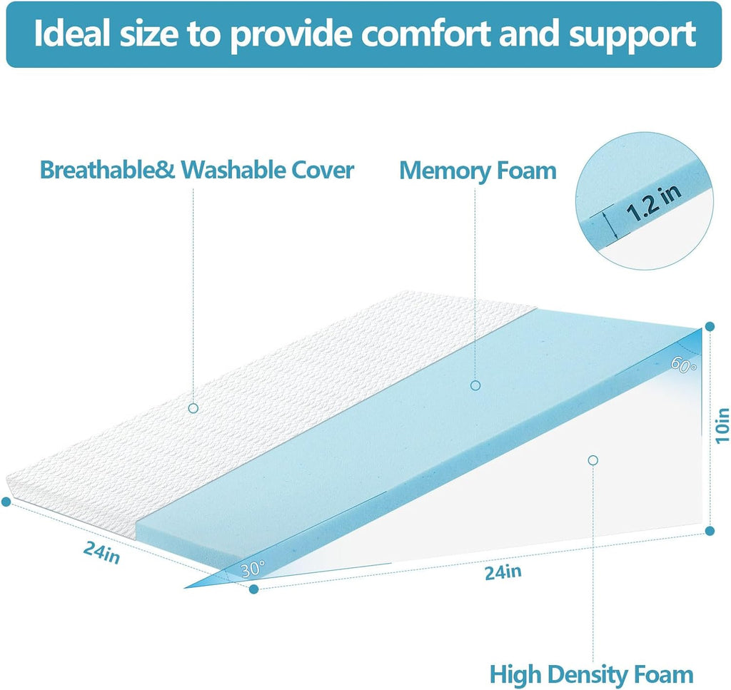 Wedge Pillow for Sleeping, 24 x 24 x 10 Inch Bed Wedge | 40D Memory Foam Top Layer with Supportive Foam Base;