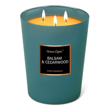HomeLights Highly Scented Soy Candles Big 33.3 oz . 3 Cotton Wicks, Smokeless Long Lasting 130 hrs in Balsam & Cedar.