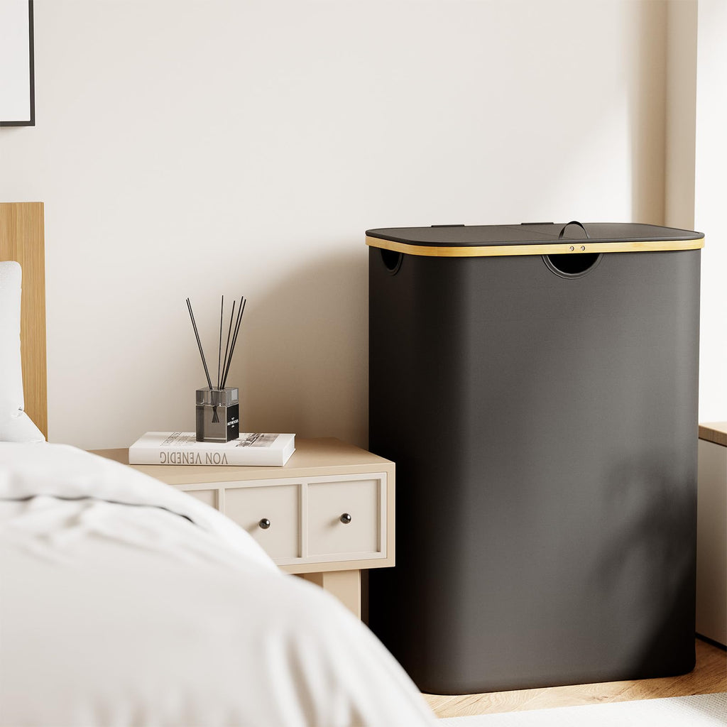Double Laundry Hamper 2 Section with Lid and Removable Laundry Bags, 160L Clothes Basket with Bamboo Handles, Large
