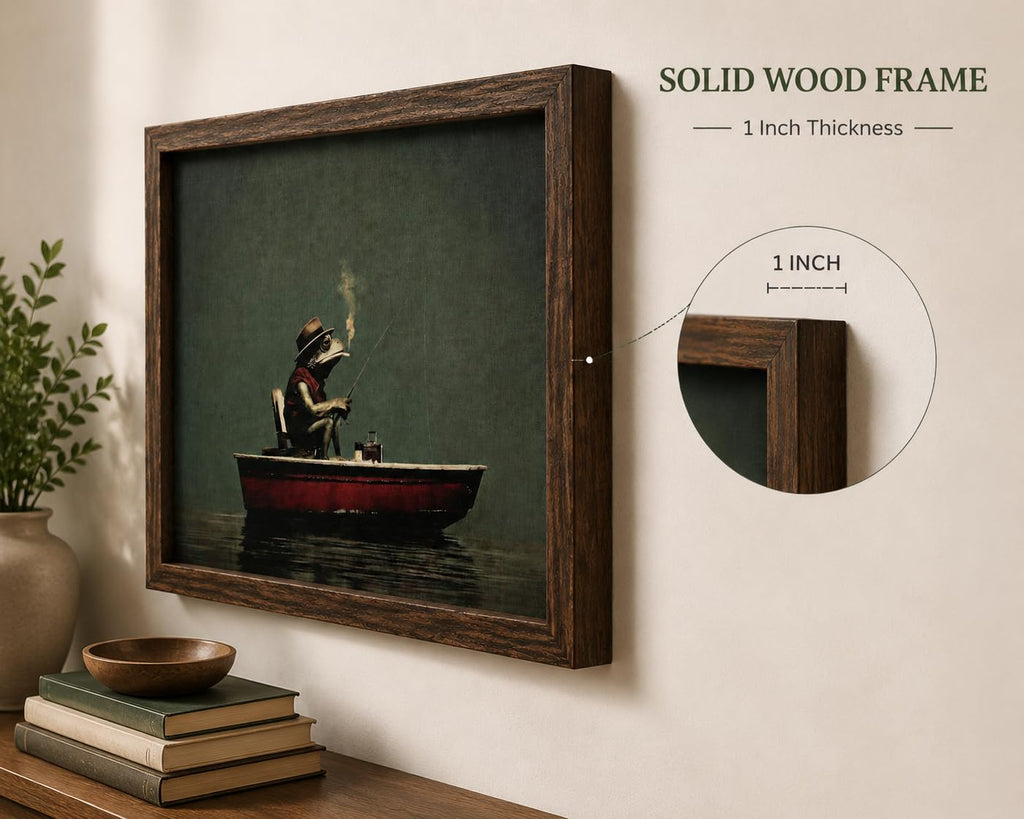 Framed Frog Fishing Wall Art Vintage Rustic Lake House Picture