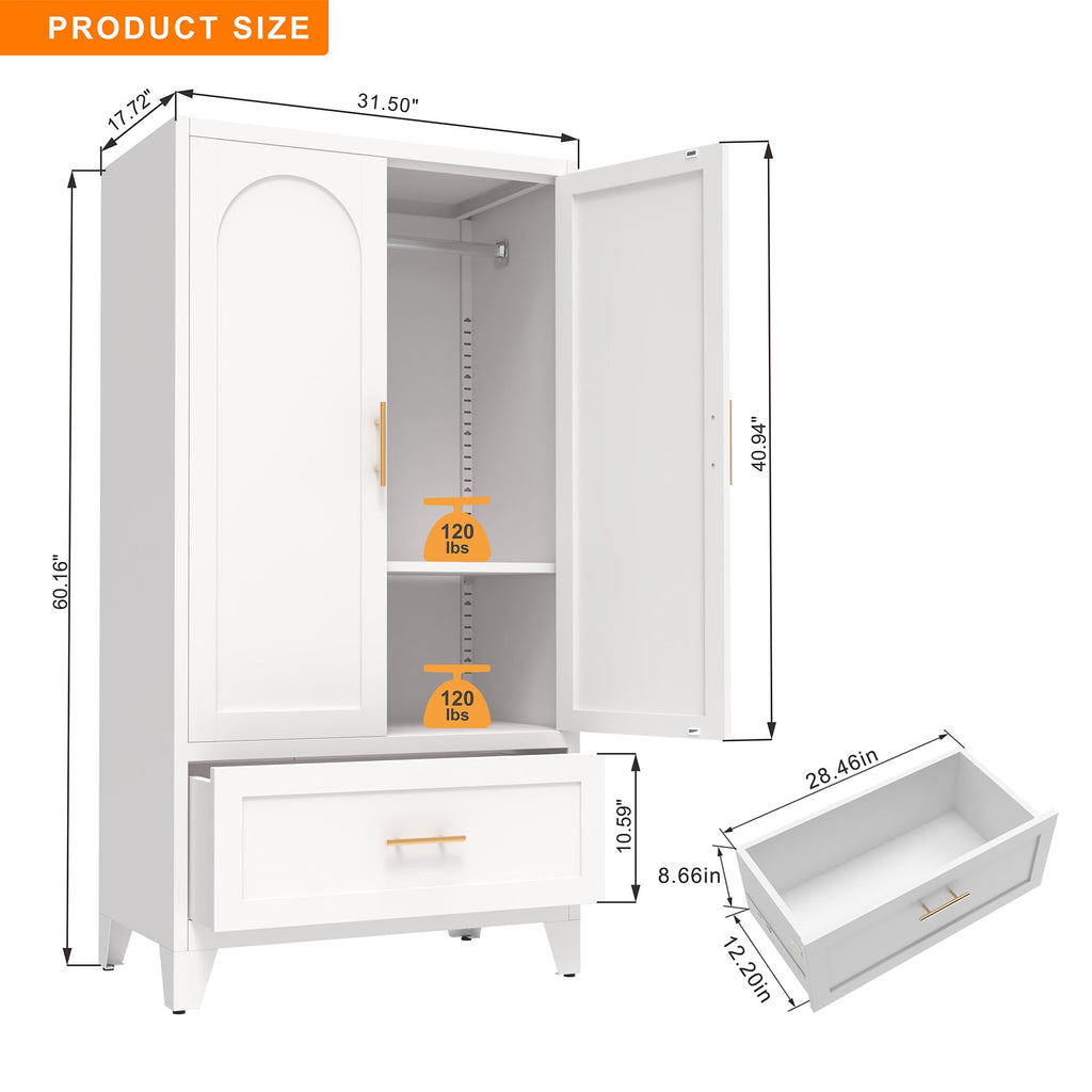 60.16'' Metal Armoire Wardrobe Closet with 1 Drawer, Freestanding Clothing Storage Cabinet with Doors and Adjustable