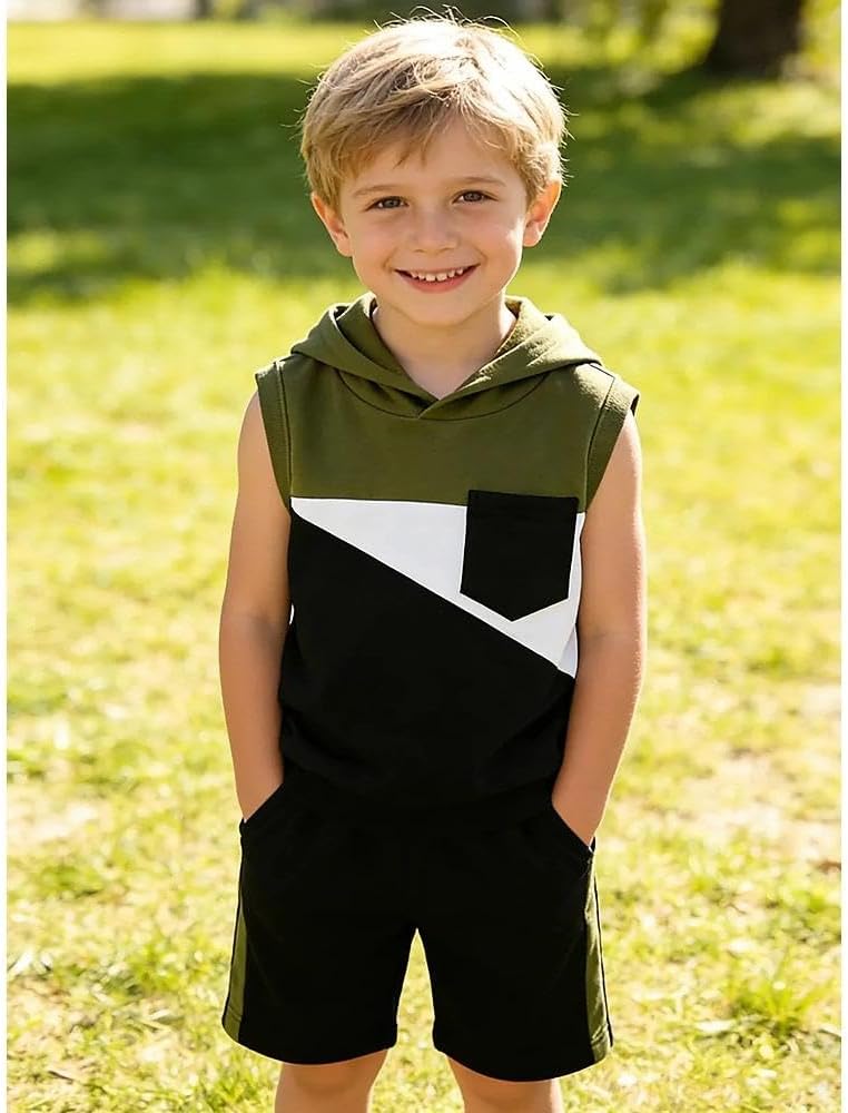 Toddler Boy's 2 Piece Outfits Color Block Sleeveless Hoodie Tank Tops & Shorts Set Boys Summer Clothes