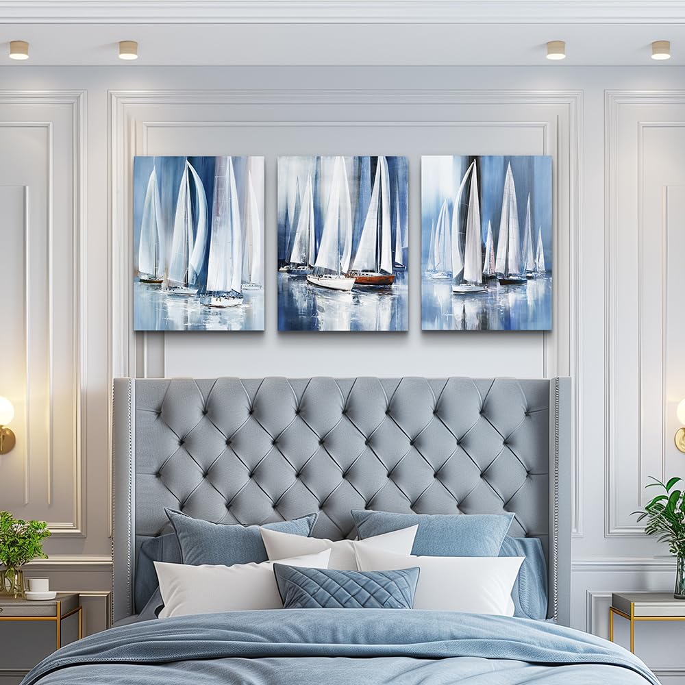 3 Piece Framed canvas wall art bathroom bedroom Wall Art Decor Ocean landscape sailboat abstract Canvas painting