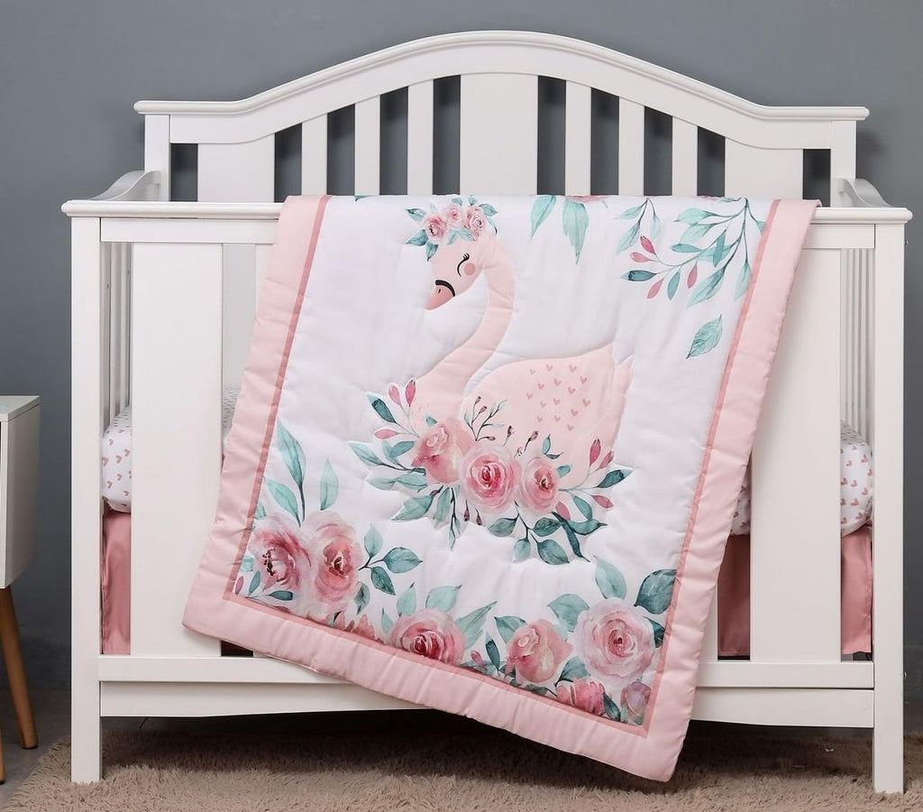 Animals 3pcs Baby Crib Bedding Set (Quilt, Fitted Crib Sheet, Crib Skirt) Pink Nursery Bedding Set for Girls Crib