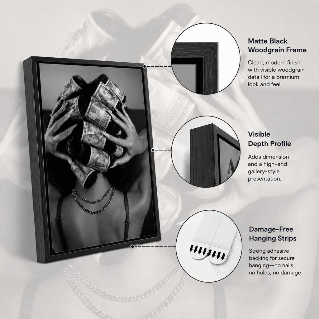 Framed Black and White Fashion Canvas Wall Art Luxury Feminist Picture Wall Decor Trendy Woman with Money on Head