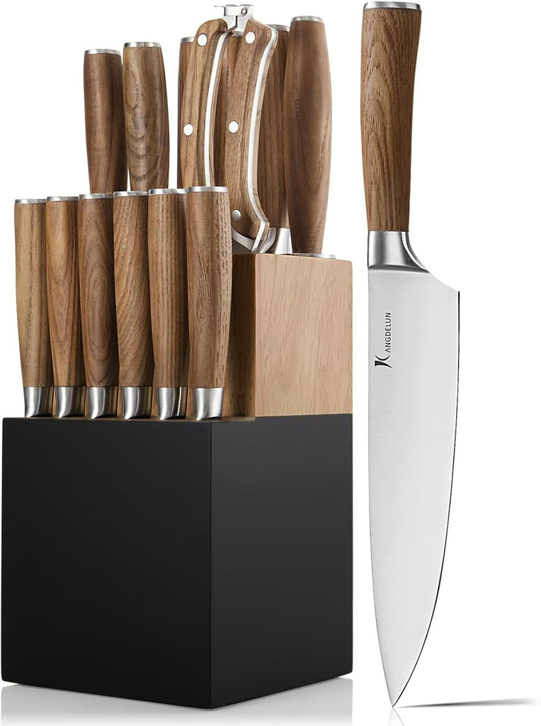 Ultra Sharp 15-Piece Kitchen Knife Set, High Carbon Stainless Steel Blades, Torrefied Brown Wood Handles, Ergonomic