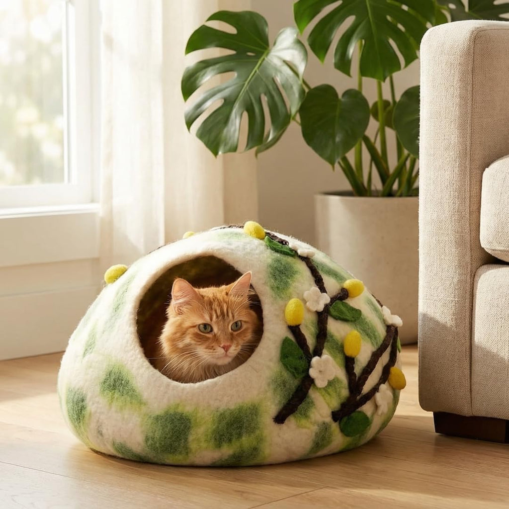 Cat Bed Cave - Wool Cat Cave with Flower Climber Design, Cozy Covered Cat House for Indoor Cats, Fits 1 Large or 2