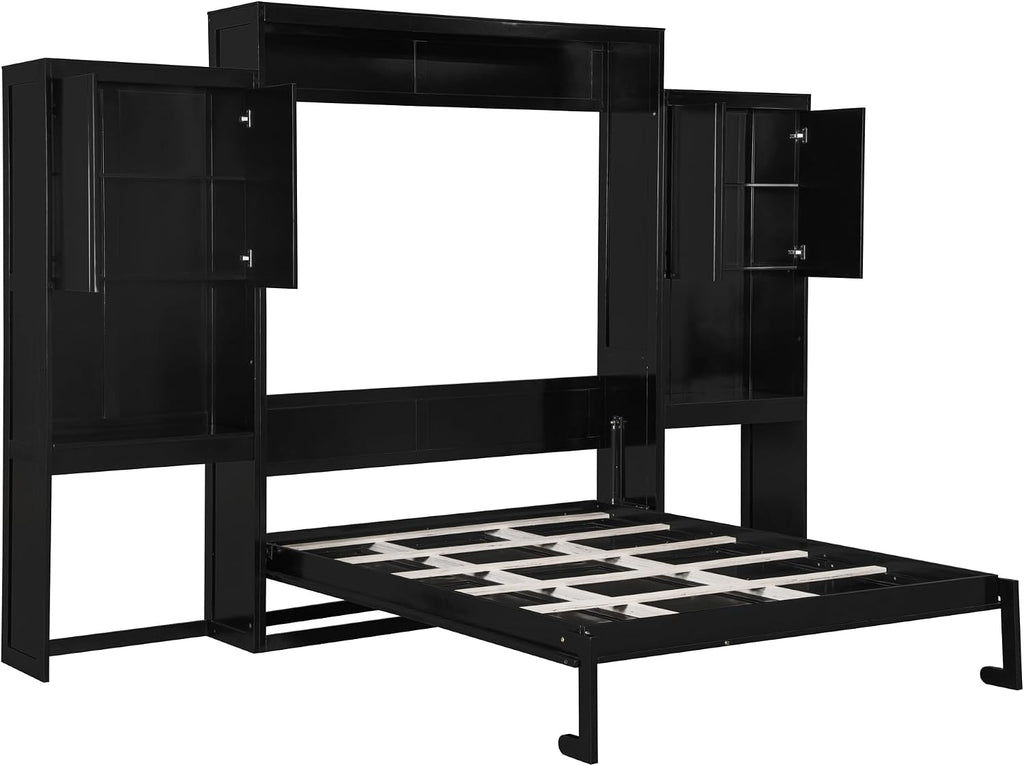 Murphy Bed Queen,Wood Storage Hide Cabinet Wall Beds with Desk and Vanity,Space-Saving Bedroom Furniture w/Cabinets &
