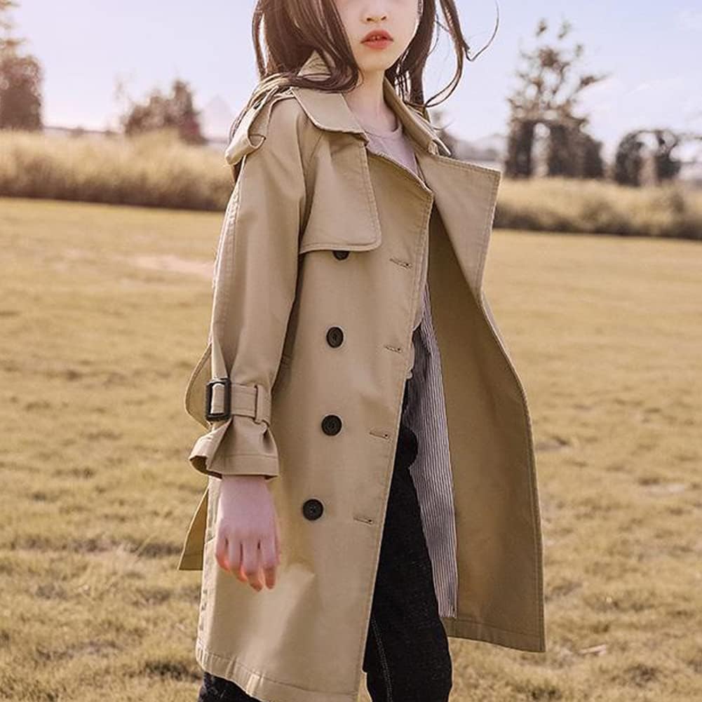 Girls Double Breasted Trench Coat Kids Lapel Long Sleeve Belt Windbreaker Jacket Outerwear with Pockets