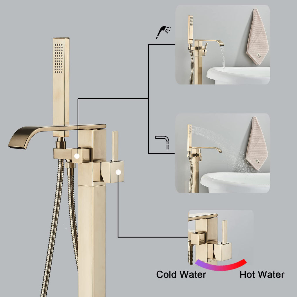 Freestanding Bathtub Faucet Brushed Gold Floor Mount Waterfall Tub Filler High Flow with Hand Shower Solid Brass 360