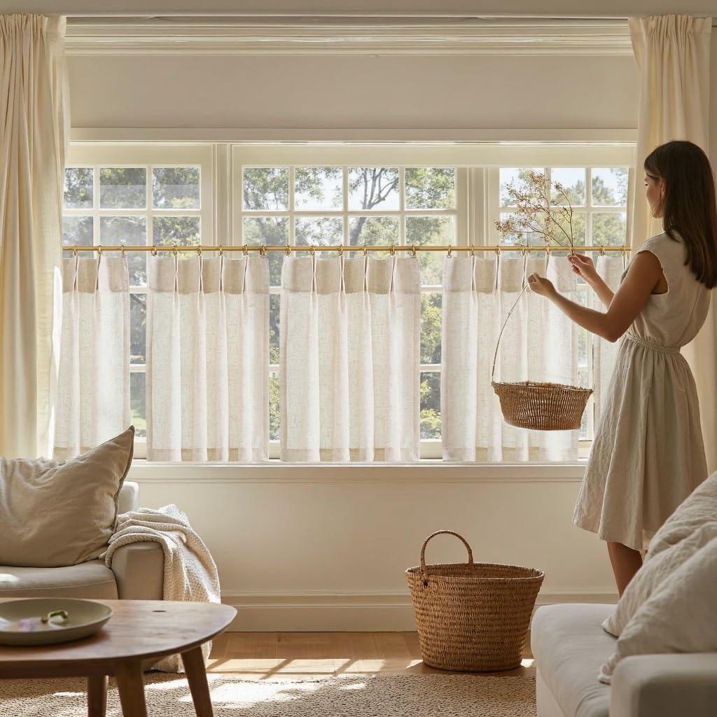 Linen Pinch Pleated Kitchen Curtains 24 Inch 2 Panels Natural Linen Tier Curtains Back Tab Beige Farmhouse Cafe Light