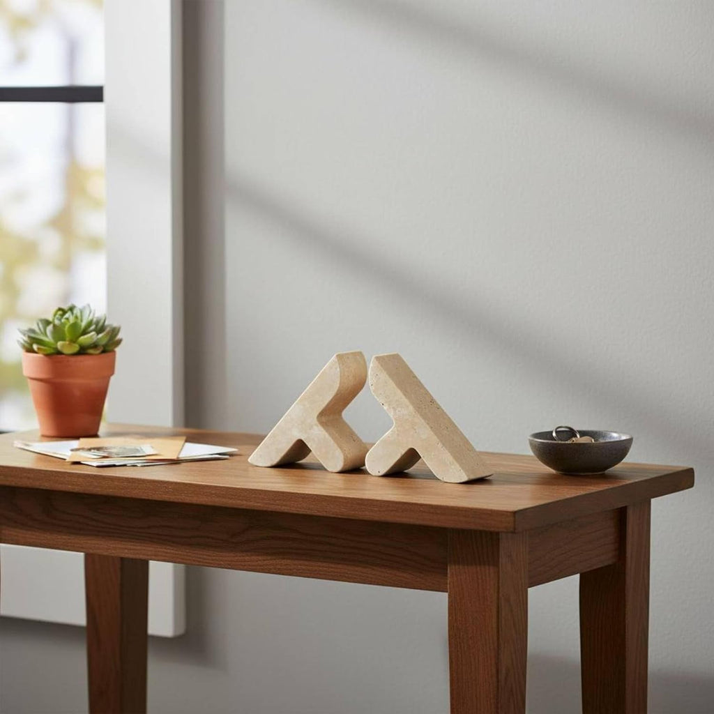 Stone Bookend Travertine Herringbone Minimalist with Sculptural Form Holds Books Blends with Contemporary Decor