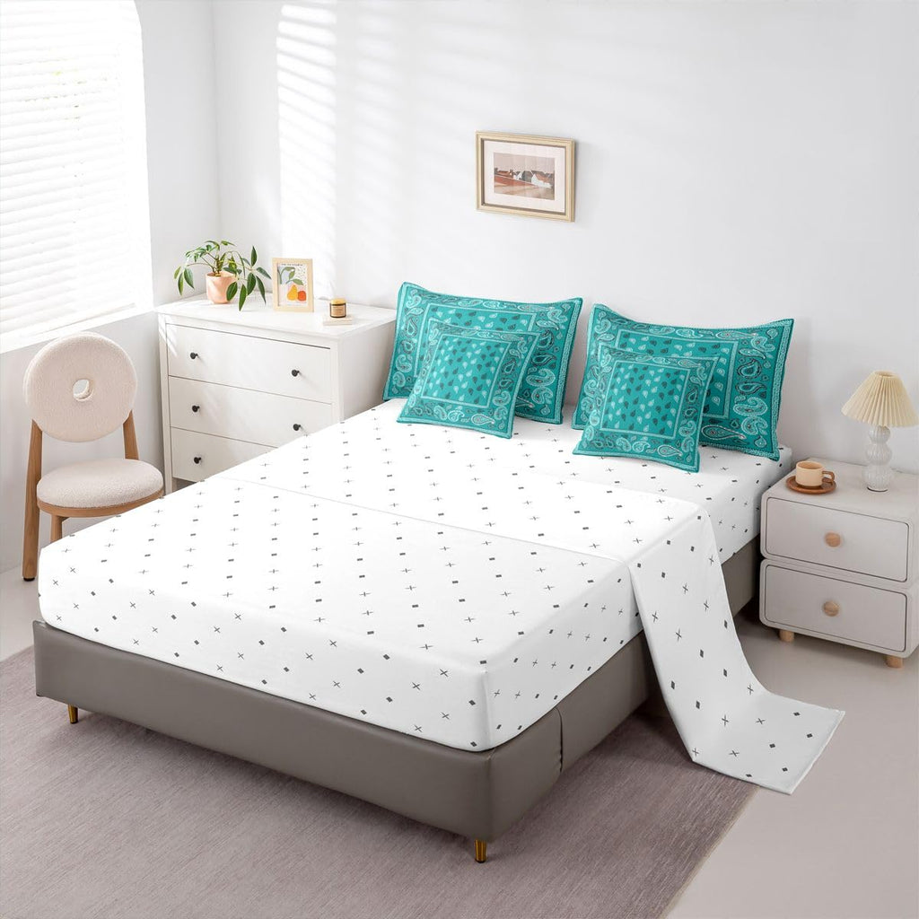 Turquoise Bandana 7pcs Comforter Set Full Size, Boho Paisley Bandanas Bedding Set for All Season, Bohemian Chic Floral