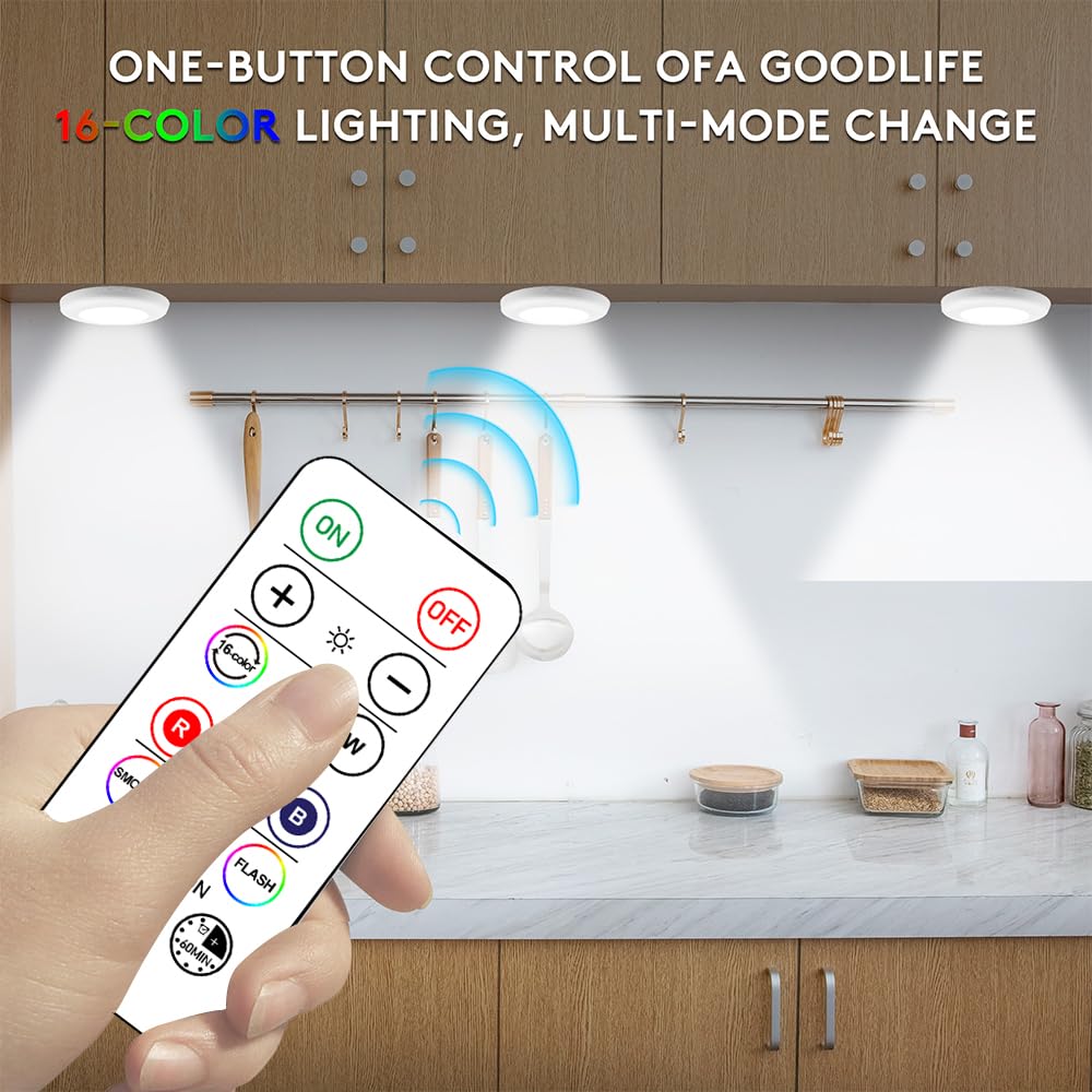 Wireless 16 Color Changing LED Puck Light 6 Pack LED Under Cabinet Lighting Closet Light Battery Powered Night Lights