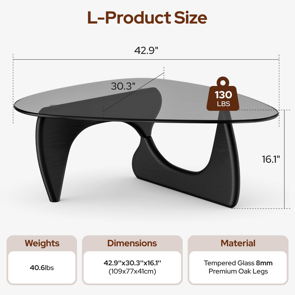 Inspired Noguchi Style Modern Glass Coffee Table, 43''W Large Mid Century Triangle Coffee Table Bedroom Reception Office Tables