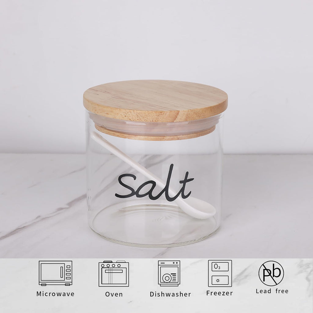 Clear Glass Salt Bowl with Spoon and Silicone Sealing Lid, Farmhouse Kitchen Countertop Canisters, Container Jar