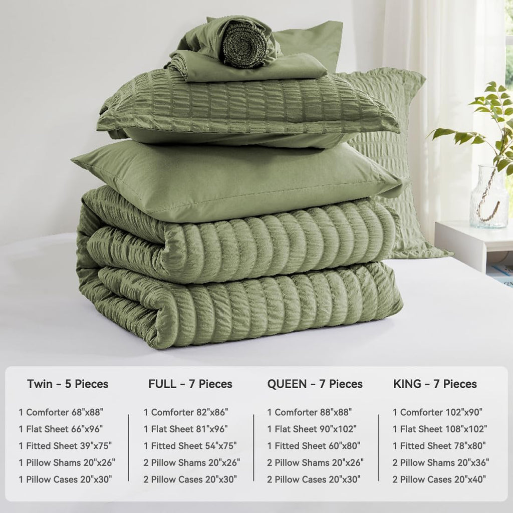 Queen Comforter Set 7 Pieces, Olive Green Seersucker Bed in a Bag with Comforter and Sheets