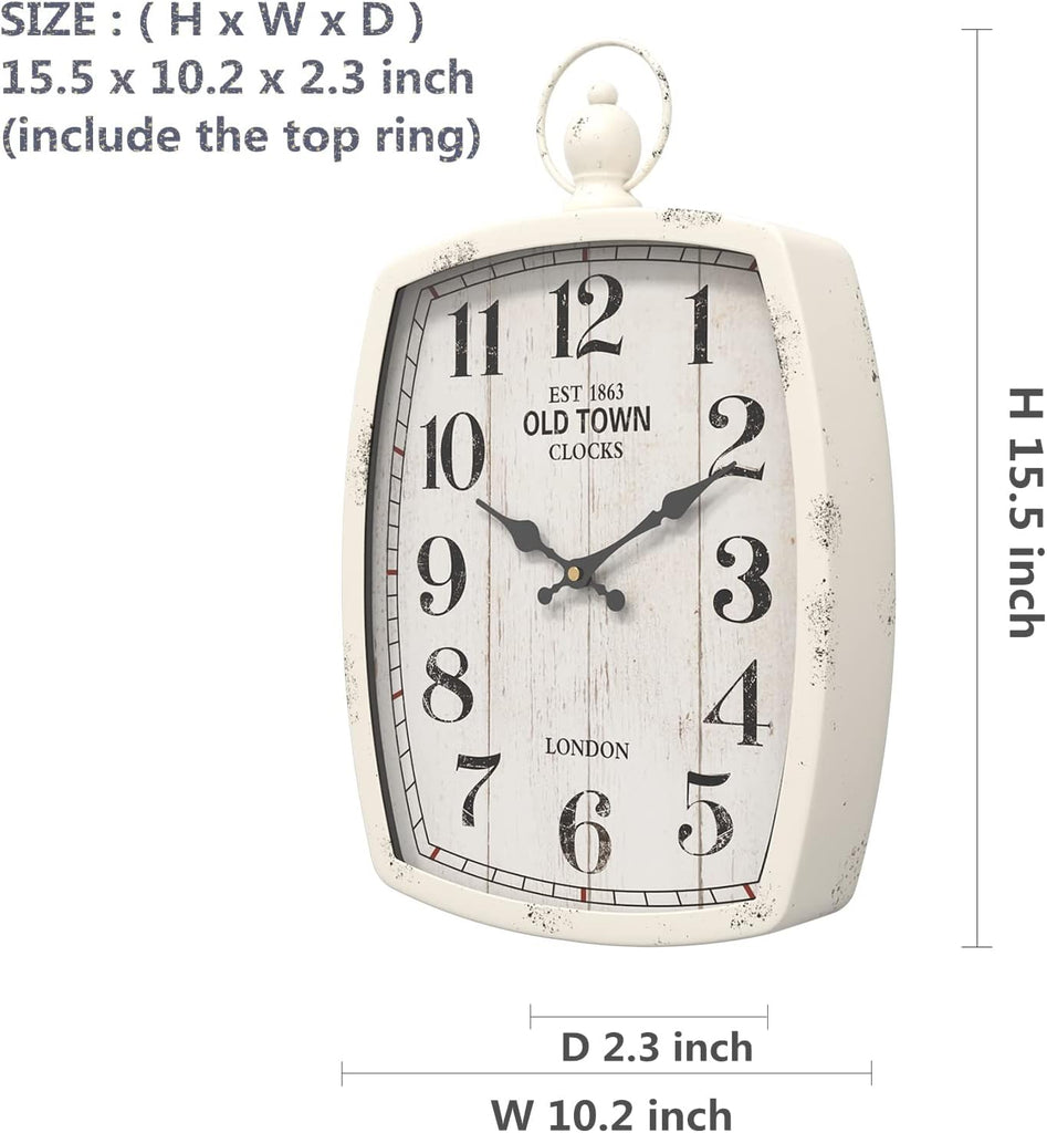 Menterry Large Retro Rectangle Wall Clock, White Antique Vintage Style