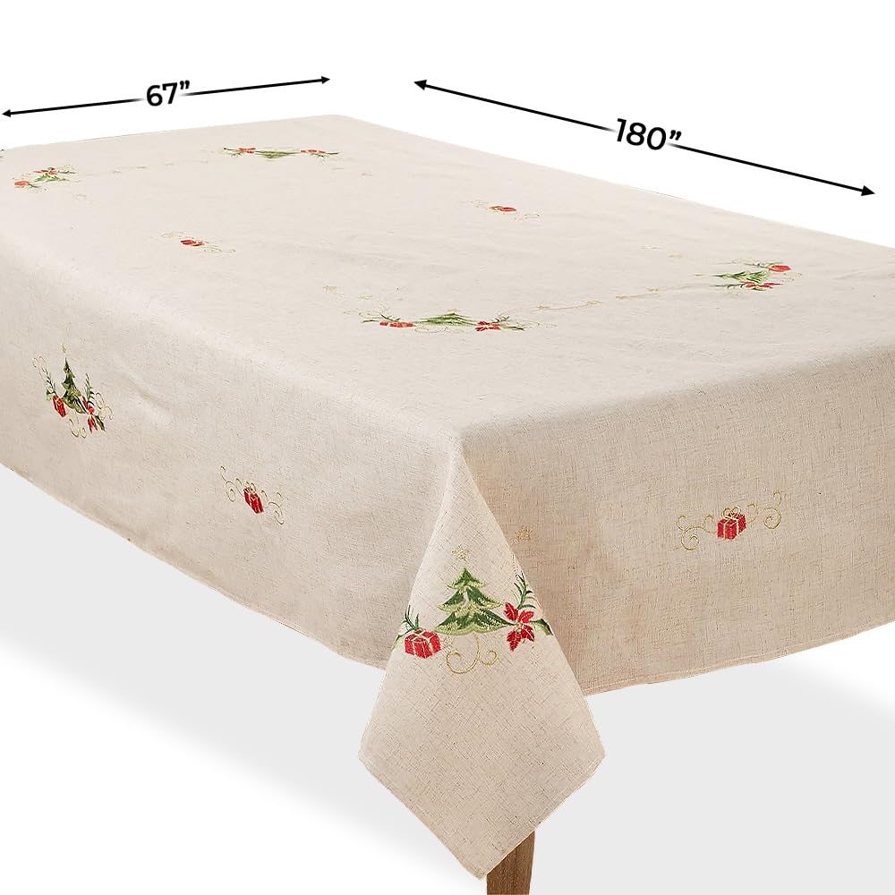 Embroidered Christmas Tree Design Linen Blend Tablecloth, Natural, 67" x 180"