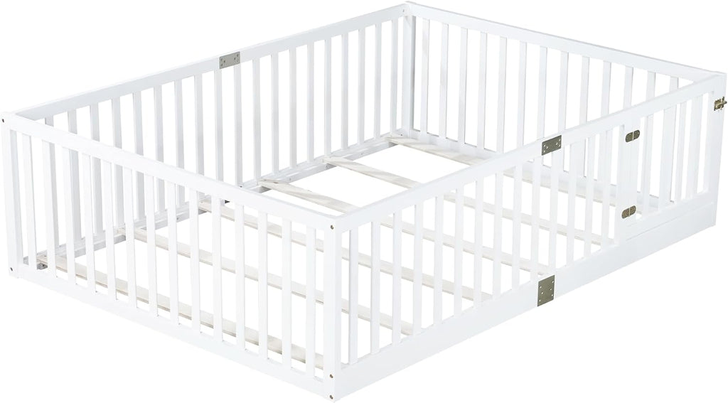 Toddler Floor Bed with Door&High Rails, White
