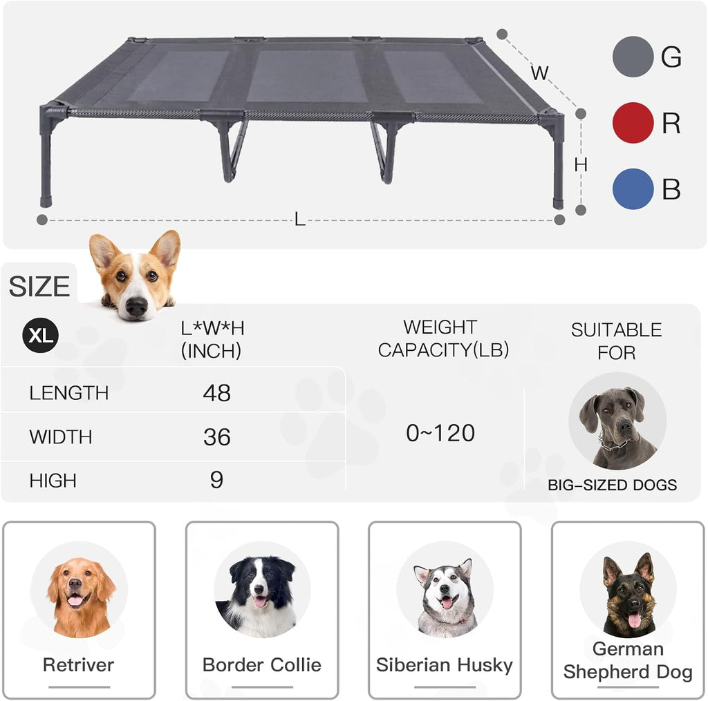 Elevated Dog Bed for Large Dogs 120lb, Breathable Cooling Raised Dog Cot with Dual Support Bars & Metal Frame