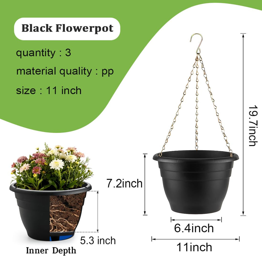 Hanging Planters 11 Inch, 3 Pack Self-Watering Hanging Baskets pots, Black