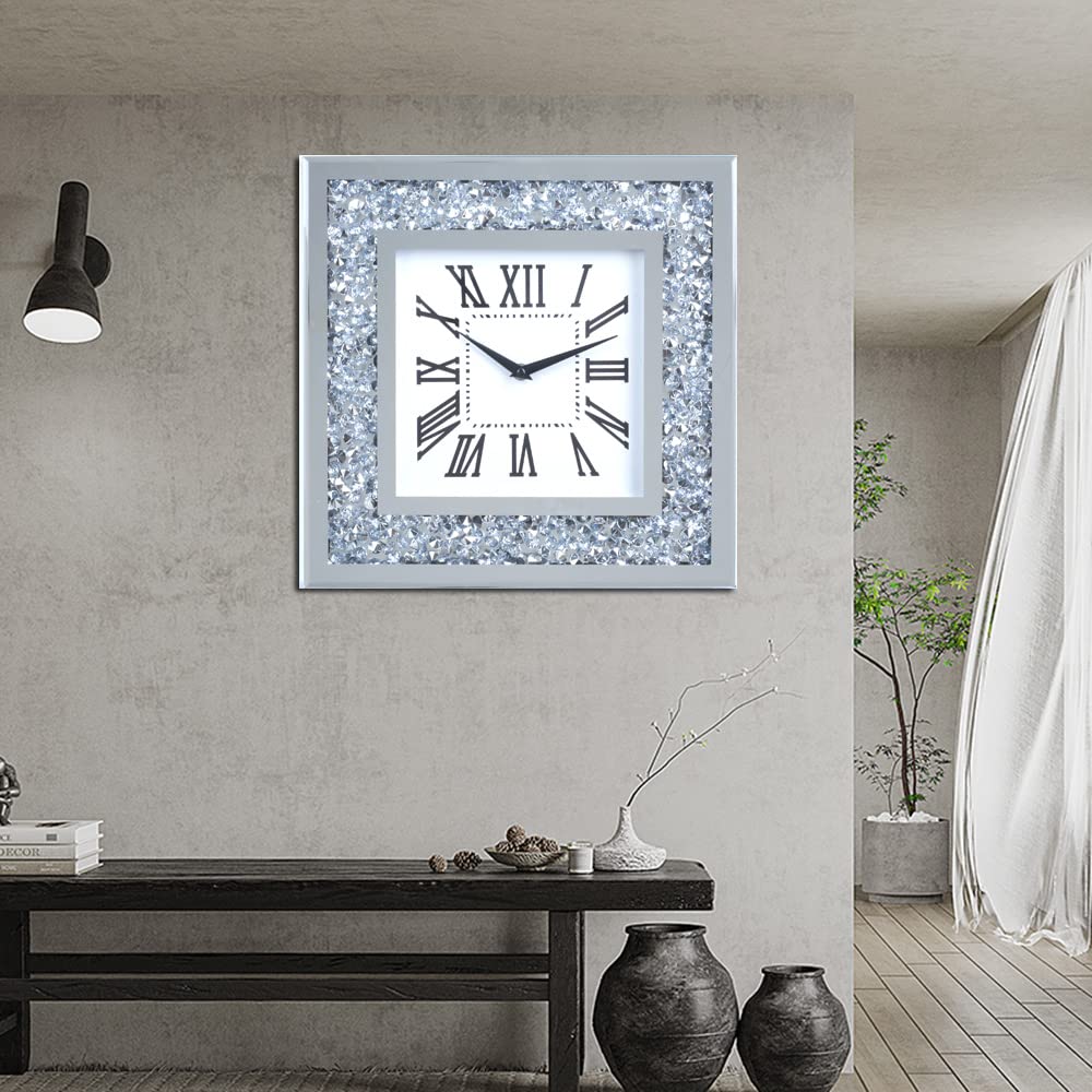 Decor Crushed Diamond Mirror Wall Clock with Crystal Decorations (Silver-Square 35CM)