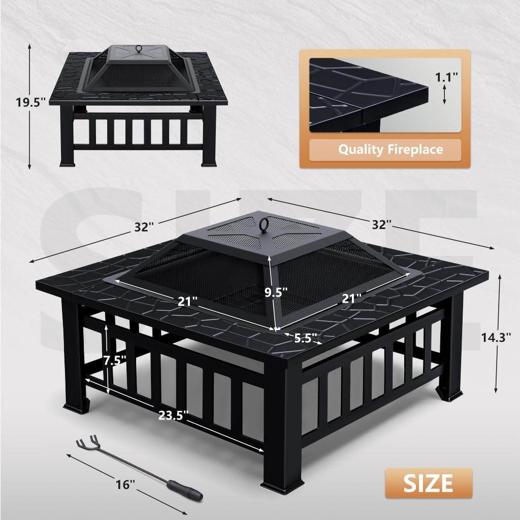 Multifunctional Patio Fire Pit Table, 32in Square Metal BBQ Firepit Stove Backyard Garden Fireplace with Spark Screen Lid and Rain Cover for Camping - Image 7