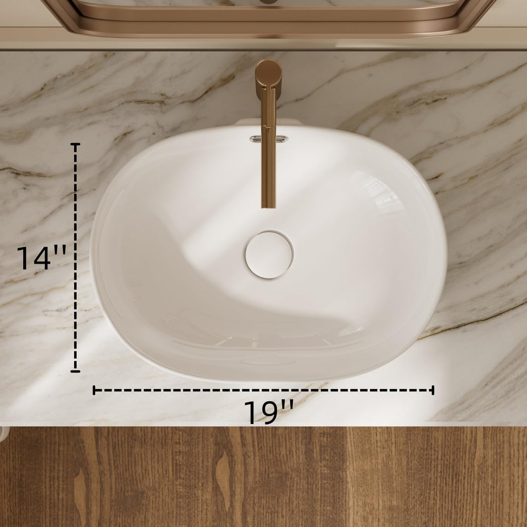 19"W x 14"D Oval Vessel Sink with Overflow, Los Flexi 19 Inch Oval White Ceramic Countertop Bathroom Sink
