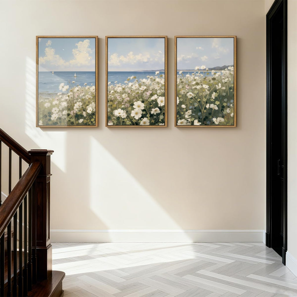 Large Farmhouse Flower Framed Wall Art 16x24 Inch Coastal Wildflower Canvas Wall Decor Modern Landscape Painting